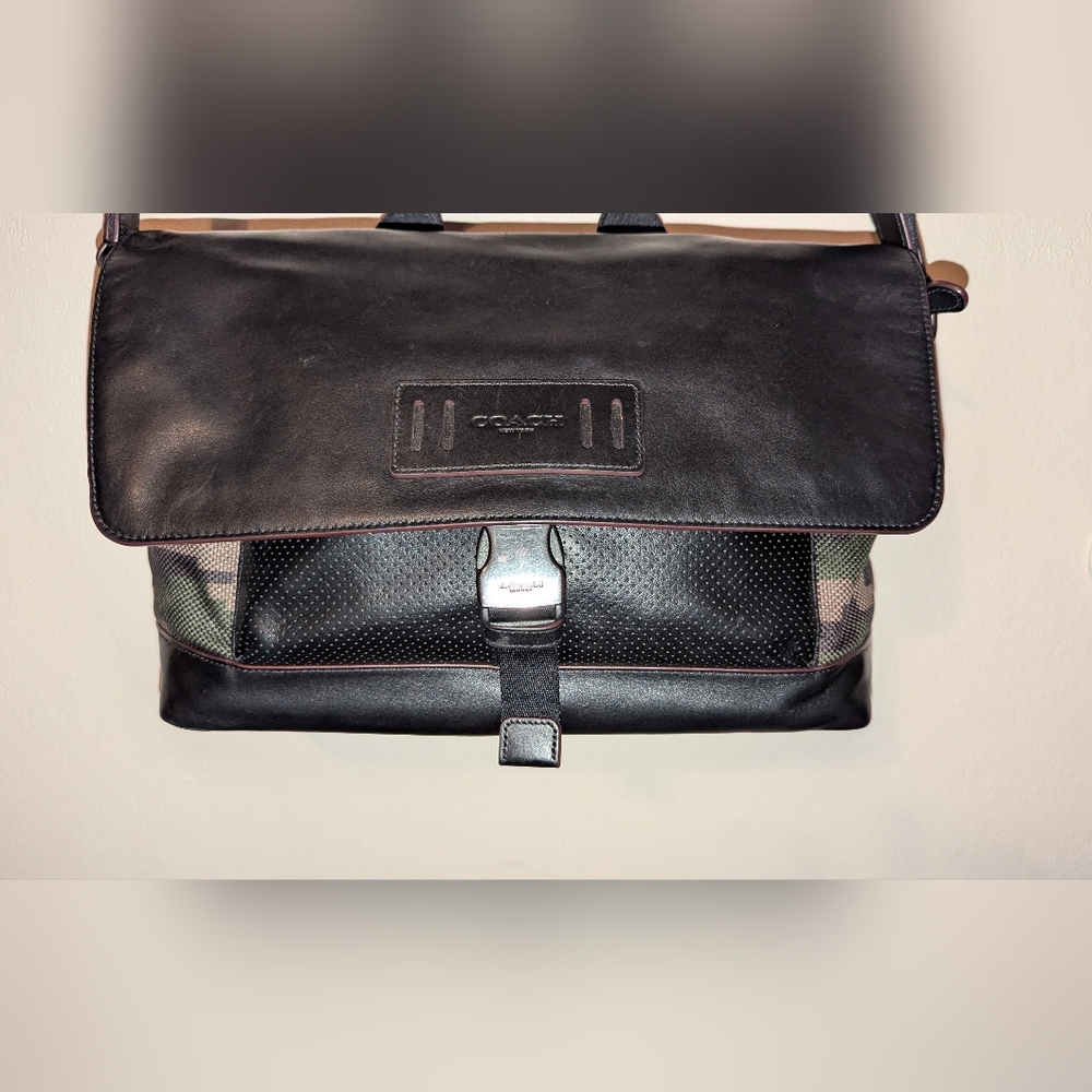 Coach Terrain Bike Bag Black Leather And Pixelated Camo Print Nylon EUC